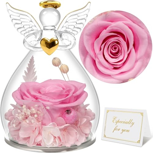 Sunia Ewige Rose Engel Geschenke für Frauen, Ewige Rose im Glas Engel Figur Mama Geschenk, Geburtstagsgeschenk für Frauen, Geschenke für Mama, Mutter Oma Geschenk, Muttertag Weihnachten Valentinstag