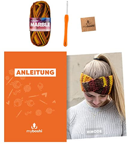 myboshi Häkelset Stirnband Hinode, inkl. Marble Wolle, Nadel und Anleitung, original Label, Häkelpaket, 30% Merinowolle Gelb, mit Häkelnadel