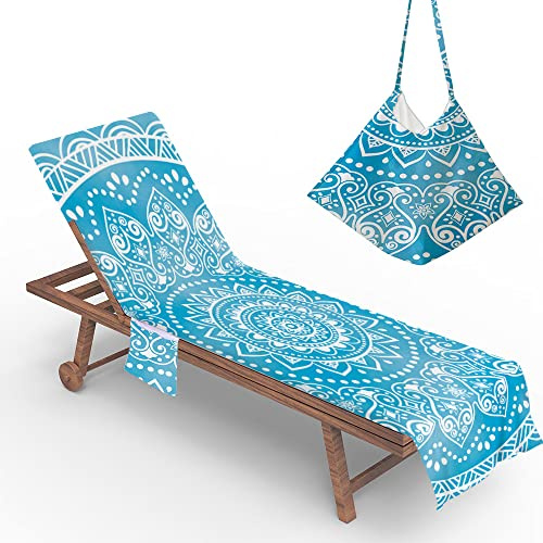 Morbuy Beach Chair Cover Towel, Mandala Print Beach Towel Lounger Bags with Pockets Sunbed Towels Fitted Microfiber Sun Lounger Towels for Summer Outdoor Pool Vacation Travel (Blue)