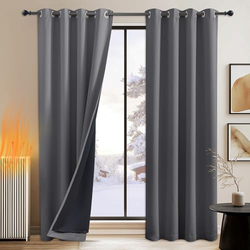 PONY DANCE Doppellagige 100% Verdunklungsvorhänge Grau Ösenschal 2er Set H 245 x B 140 cm Vorhänge Wärmeisolierend Thermovorhang Kälteschutz für Schlafzimmer/Wohnzimmer