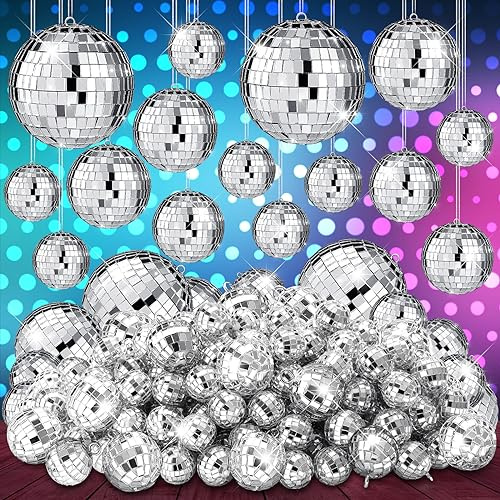 Funtery Silver Mirror Disco Balls, Pack of 100, 5 Sizes, Party Decoration, Christmas, Valentines, KTV, Home, Nightclubs, Stages, Weddings and Birthdays | Mirror Ball Ornaments for 70s Retro Party, Hanging for Wedding Birthday Dance, Assorted Sizes Centerpiece Decor