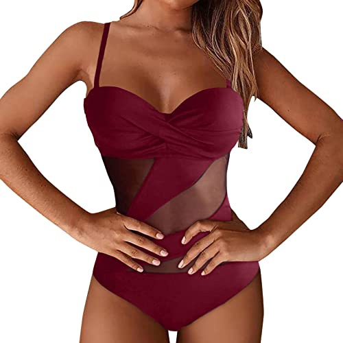 Damen Badeanzug Einteiliger Cut Out Sexy Bademode Swimsuit Push up figurformend Einteiler Mesh-Badeanzug Schwimmanzug V-Ausschnitt Schlankheits Sommer
