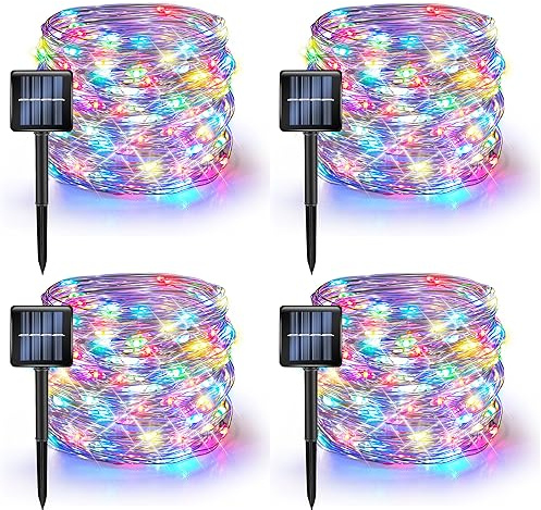 Dazzle Bright 4 Pack Solar String Lights Outdoor, Total 160FT 480LED Solar Powered Waterproof Fairy Lights 8 Modes, Silver Wire Lights for Christmas Patio Party Tree Yard Decoration (Multi Color)