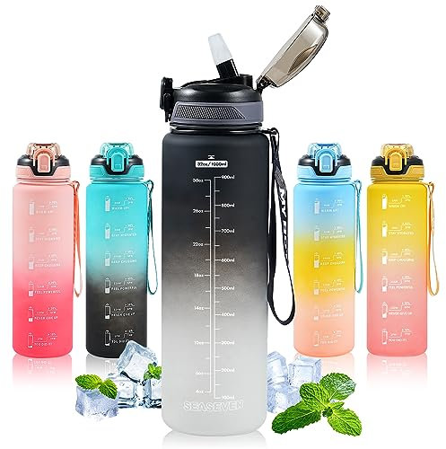 SEASEVEN 1L Water Bottle with Straw,Plastic Drinks Bottle,1 Litre Sports Water Bottles with Time Markings,Girls Boys Waterbottle Leak-Proof & Bpa-Free for Gym,Cycling, Office, Outdoor
