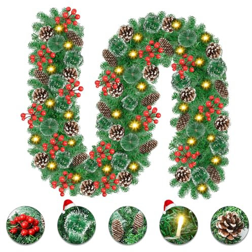 Vothen Ghirlanda natalizia, 2.7m Ghirlanda di Natale artificiale di 2,7 m Decorazioni con 30 luci a LED e pigne, Ghirlanda di Natale con bacche rosse per albero, scale, camino