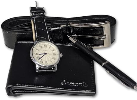 Mr. Gadget's Solutions Juego de regalo de boutique creativo de moda bellamente empaquetado, reloj de cuero, cartera, bolígrafo, 4 piezas/set de regalos para hombres, Moderno