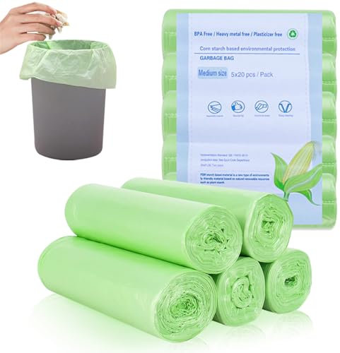Lot de 100 sacs poubelle bio de 10 l - Sacs poubelle biologiques - Pour cuisine, bureau, salon (45 x 50 cm, vert) (100 pièces, 10 l)