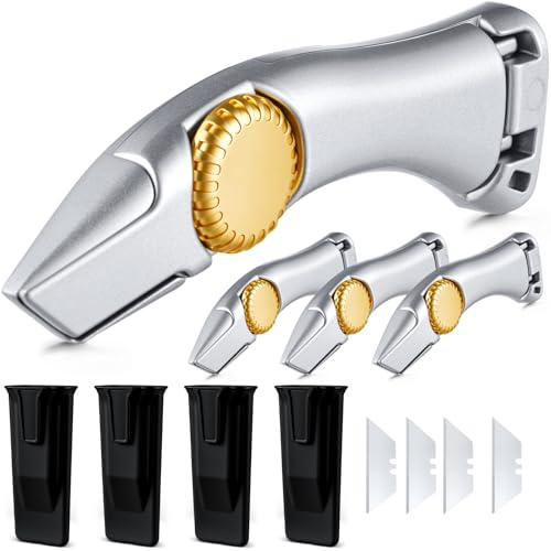 Leriton 4 Pcs Navajas Para Roofing Carpet Knife Heavy Duty Vinyl Drywall Knife with Replacement Fixed Utility Blades Silver Fixed Blade Roofer's Roofing Tools Cutter with Holster Belt Clip