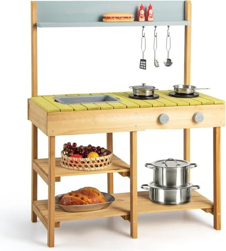 Mud Kitchen for Kids Outdoor, Wooden Kids Play Kitchen with Removable Sink, Stove Top, Storage Shelves, Fun Backyard Garden Pretend Playset for Boys Girls 3+