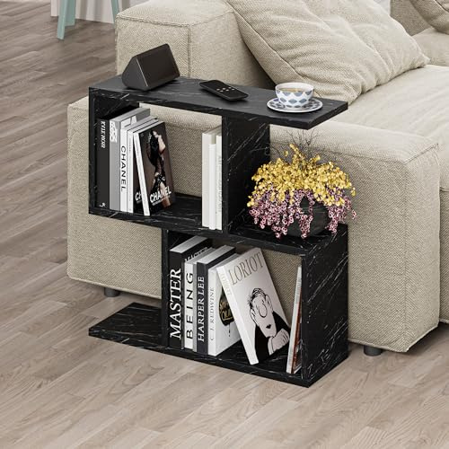 Holz Beistelltisch mit 2 Etagen, vielseitiger Sofatisch mit 4 offenen Fächern, kompakter Organizer für Wohnzimmer und Büro, belastbar bis 20 kg, pflegeleicht, 60 x 60 x 19,5 cm (Schwarzer Marmor)