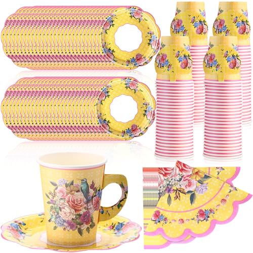 Yetene 300 Pcs disposable paper tea cups for tea party Bulk, include 9 oz Floral Paper Tea Cup Set with Handle and Saucers 10 vintage Napkins for Floral Tea Party Wedding Baby Shower(Yellow)