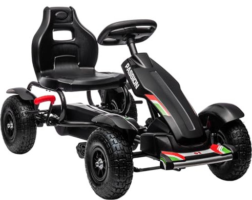 HOMCOM Gokart Tretauto mit Handbremse, verstellbarem Sitz, Vor- und Rückwärtsgang, Tretfahrzeug Kinderspielzeug Kinderfahrzeug Kettcar Pedal-Gokart für Kinder 5-12 Jahren Schwarz