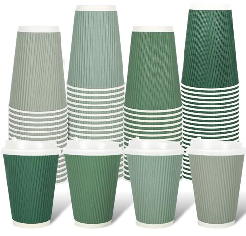 Whaline 100Pcs Sage Green Disposable Coffee Cups with Lids 12oz Gradient Green Paper Cups Corrugated Ripple Wall Insulated Hot Cups for Home Office Party Supplies