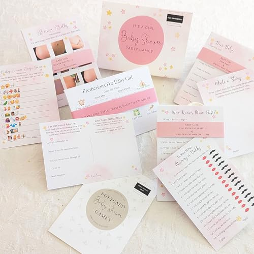 Baby Shower Games Girl Pink Bundle- 9 Games Including Keepsake Cards Boxed Neutral, Unisex 10 Player Party Pack (Its a Girl)