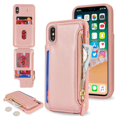 SailorTech Handyhülle für iPhone X/XS Etui mit Kartenfach, iPhone XS Hülle mit Kartenhalter, iPhone X Handyhülle mit Reißverschluss Geldbörse - Roségold