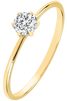 DOOSTI Antragsring, Verlobungsring, Solitärring, Vorsteckring, engagement ring aus 585/- Gelbgold mit einem hochwertigen Moissanite Stein 0,25 ct. (4 mm Durchmesser)
