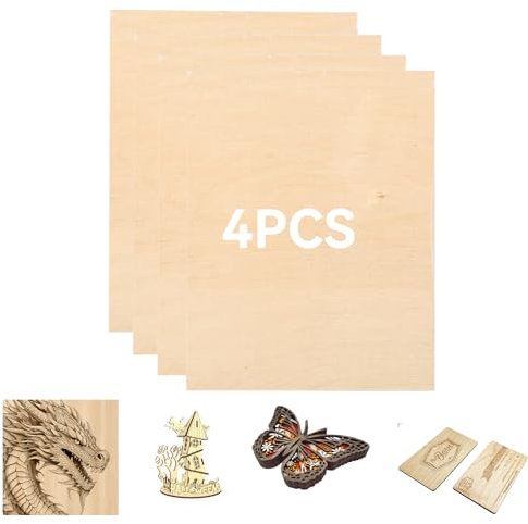 Lot de 4 contreplaqué de bouleau de 3 mm - 297 x 215 mm - Bois non traité - Pour gravure laser, découpe CNC, routeur, pyrogravure DIY, panneau de contreplaqué, bricolage