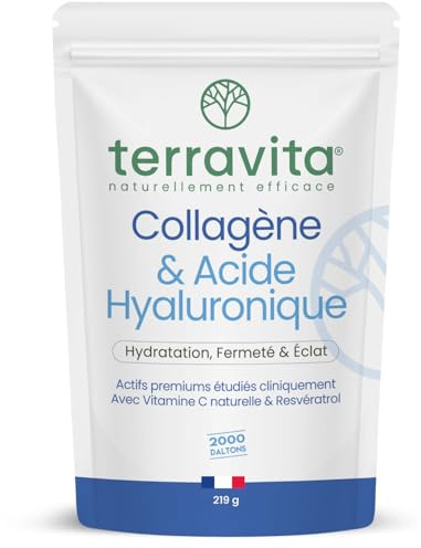 Collagène Marin Peptan + Acide Hyaluronique 200mg + Vit C | Hydratation, Fermeté et Éclat de la Peau | Diminution des Rides Démontrée | 219g de Poudre Goût Neutre | Filière Française | Terravita