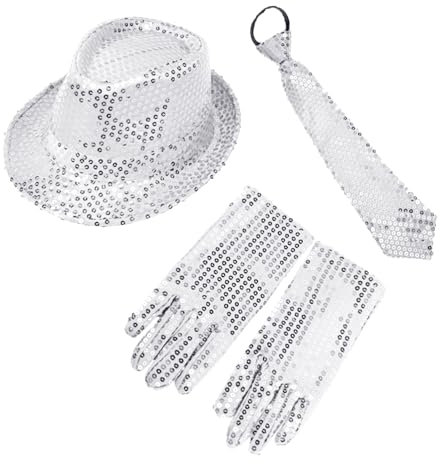 JIAHG Glitzer Outfit,Glitzer Accessoires Jungen,Pailletten Kostüm Mädchen, Fliege,Handschuhe,Tanzhut,Pailletten Kostüm Silber für Fasching Party Dance Performance