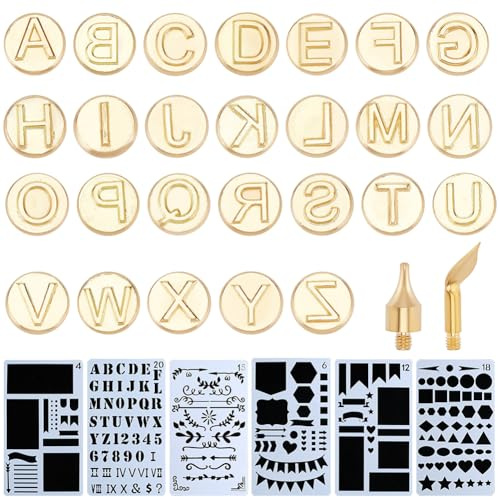 GORGECRAFT 28PCS Wood Burning Tips Set Matte Gold Letters Uppercase Alphabet Branding Hollow Hot Stamps Iron Tips 6PCS Drawing Stencil Template for DIY Embossing Tools Carving Craft