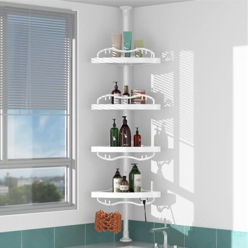 LAIDER HEROS Corner Shower Caddy, 317cm Tall 4-Tier Adjustable Inside Shower Organizer Rustproof Bathroom Organizer Shelves for Bathtub Shampoo Storage, Floor to Ceiling Standing Caddy/White