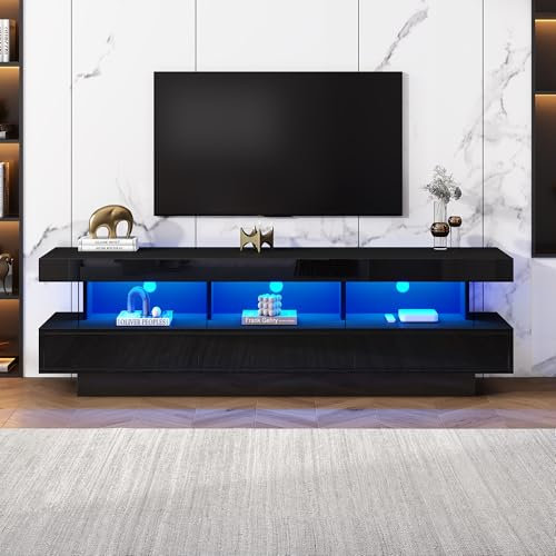 Support TV haute brillance avec 3 étagères en verre, éclairage LED, connectivité Bluetooth pour téléviseur de 70, support TV en verre brillant, support Smart TV (noir)