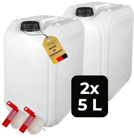ABACUS® 2x 5 Liter Wasserkanister Natur | Chemiekanister | Auslaufhahn und Deckel (DIN 45) | Lebensmittelecht | Indoor und Outdoor | BPA Frei | Säurefest | Mit Skala zum Ablesen des Füllstands
