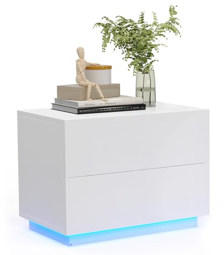 Mondeer Nachttisch, LED Nachtschrank mit 2 Schubladen und 1 USB Anschlüsse, Hochglanz für Schlafzimmer Wohnzimmer, 60 x 39 x 45cm, Weiß