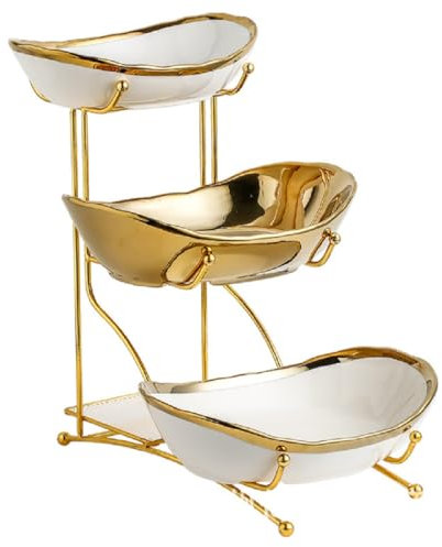 JUNYFFF Frutero 3 Pisos, Fruteros De Cocina Modernos, Frutero De Cerámica Cesta De Frutas De 3 Niveles con Soporte Metálico para Decoración De Cocina, Verduras, Frutas, Aperitivo,Oro
