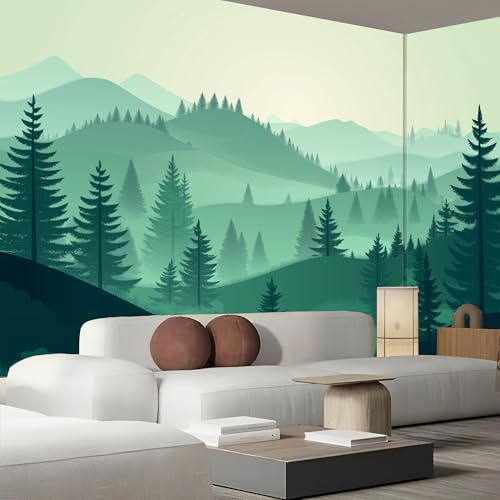 ANALTIRCE Panoramique Papier peint soie 450×315cm Mural, Montagnes Vertes Forêt Abstraite Tapisserie Photo Peinture Murale Décoration Convient pour la décoration du salon et de la chambre