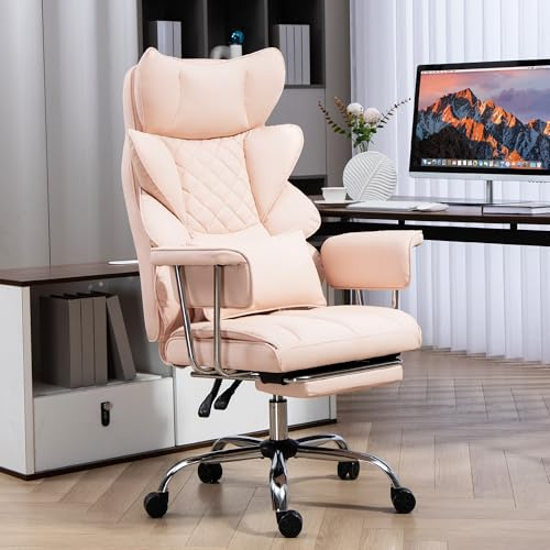LONXIU Bürostuhl mit Fußstütze - Ergonomischer Gaming- und Chefsessel mit 360° Drehfunktion, 90-135° Verstellbarer Rückenlehne und weichen Armlehnen für optimalen Komfort (Regulär, Rosa)