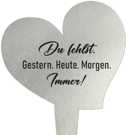 younikat Edelstahl Grabschmuck 18 cm Herz Du fehlst - you0080 | Grabdekoration mit Spruch, Grab Deko - Du fehlst Gestern Heute Morgen Immer, Grabstecker Herz, Erinnerung und des Vermissens