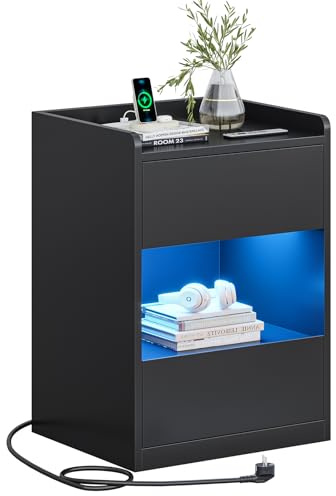 AOGLLATI Nachttisch mit LED-Beleuchtung und Ladestation | Nachtschrank mit 2 Schubladen & 1 Fach Beistelltisch mit Steckdosen Sofatisch für Schlafzimmer Wohnzimmer (1, Schwarz)
