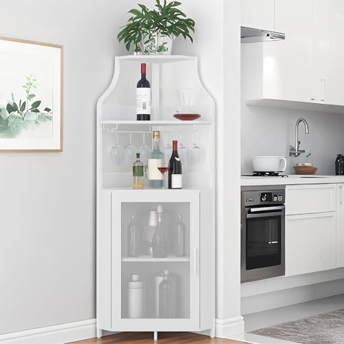 Corner Bar Cabinet, 61 in Tall Farmhouse Wine Cabinet with Detachable Wine Rack, Industrial Wine Cabinet with Glass Holder & Adjustable Shelves & Feet for Dining Room, Living Room, Kitchen, Washed