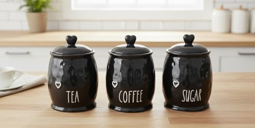 DEENZ Set Of 3 Durable Ceramic Tea, Coffee & Sugar Kitchen Storage Heart Lid Jars/Canisters Shabby Chic Love Motif Barrel Name Labelled Food Preservatives 12 X 12 X 17 Cm (BLACK)