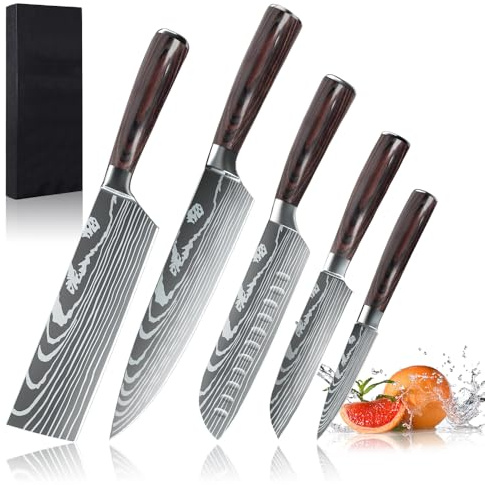 MDHANDD Set Couteaux de Cuisine 5 Pièces en Acier Inoxydable, Lot Couteaux Ustensiles de Cuisines Knife Professionnelle, Manche Ergonomique Antidérapante, Emballage cadeau