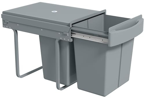 HOMCOM Poubelle cuisine coulissante encastrable avec 2 x 20 L compartiments amovibles, poubelle sous évier avec couvercle givré, coulissement fluide et poignée, pour déchets et recyclage, gris