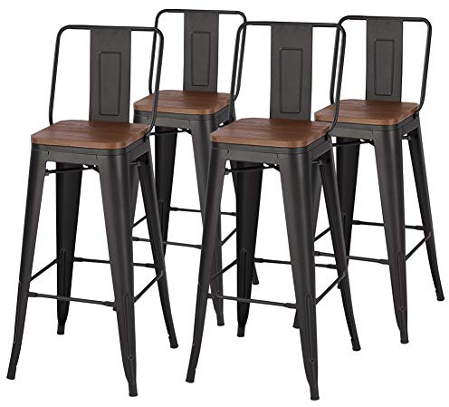 Warmiehomy Vintage Industrial Bar Stools, Matte Black Metal Back Stools | Set of 4 High Bar Stools for Pub, Bar, Cafe, Kitchen Island, Retro Iron Counter Stools for Commercial & Home Use