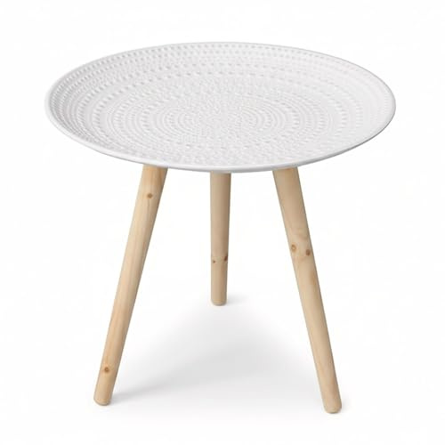 GEEZY Round White Side Table - Small Modern End Table with Raised Edge & 3 Wooden Legs - Elegant Coffee Snack Stand for Living Room, Bedroom or Bedside