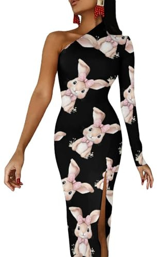 Bonito vestido de conejo para el día de Pascua, hombros descubiertos, largo de media manga, con abertura, vestido de cóctel, Estilo:, S