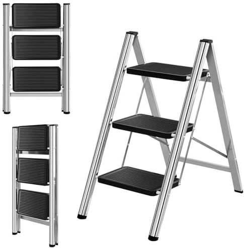 Scaletta pieghevole a 3 livelli, con gradini antiscivolo, portata fino a 150 kg, con pedale largo, scala pieghevole