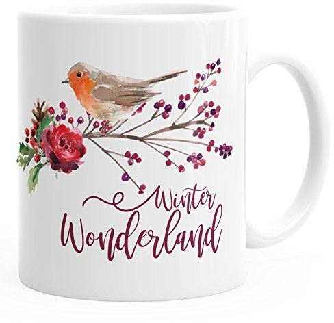 Autiga® Weihnachtstasse Winterwonderland Vogel Rotkehlchen Blumen Misteln Christmas Bird Kaffeetasse weiß 325 ml Keramik Mug Tasse