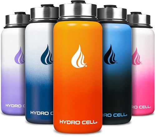 HYDRO CELL Stainless Steel Water Bottle with Straw & Wide Mouth Lids (32oz) - Keeps Liquids Perfectly Hot or Cold with Double Wall Vacuum Insulated Sweat Proof Sport Design (Red/Orange 32oz)