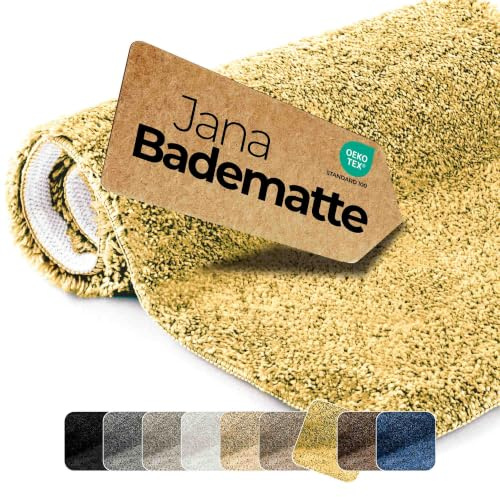 Badematte rutschfest Gold 50x80 cm - etérea Badteppich Hochflor Shaggy, 2200 g/m² extra flauschig & saugstark, waschbar 30°C, für Fußbodenheizung, Standard 100 by Oeko-TEX