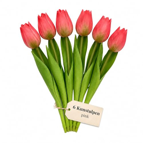 MIJOMA Künstliche Tulpen – realistisch wirkende Kunstblumen mit biegsamen Stielen für Vase, Tischdeko, Zuhause, Feier und Hochzeit - 6 Stück - Länge 19cm, pink