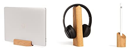 GEO Gadgets Desk Accessories (Oak, Combo of 3: Loma, Mallo and Sima) WOODENDOT Stand for Mobile, Laptop, Headphones and Smart Pen, Minimalist Style