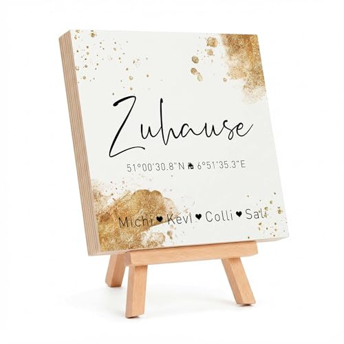 Personalisiertes Holzbild „Zuhause“ mit Koordinaten und Namen – Birkenholz Bild 15 x 15 cm – Dekoration zum Aufstellen oder Aufhängen