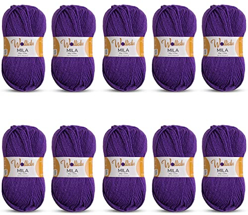 Wollidu Mila Garn zum Häkeln und Stricken 10 x 50g/133m Strickgarn 100% Polyacryl Häkelgarn Lila