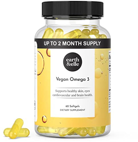 Earth & Elle Algae Omega 3 Supplement - Vegan Omega 3 - Omega 3 Vegan Supplement w/Algae Oil & Vegan DHA - Helps Support Heart & Brain Health 1000 mg Per Serving - No Fishy Aftertaste 60 Softgels