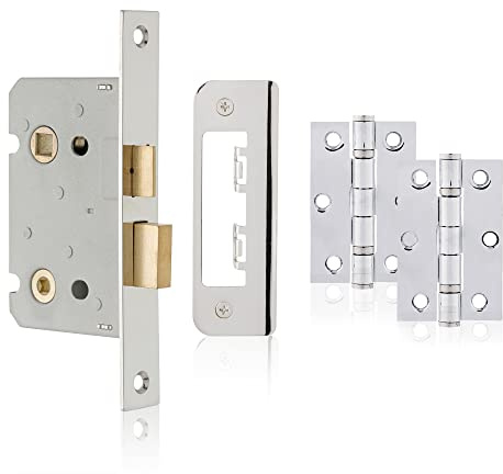 XFORT Polished Chrome Bathroom Lock Accessory Pack, Includes 65mm Polished Chrome Bathroom Lock and Matching 75mm Ball Bearing Hinges, for Internal Wooden Doors.
